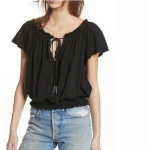 We The Free Black Off The Shoulder Smocked Ruffle Sleeve Tie Neck Tassel Top